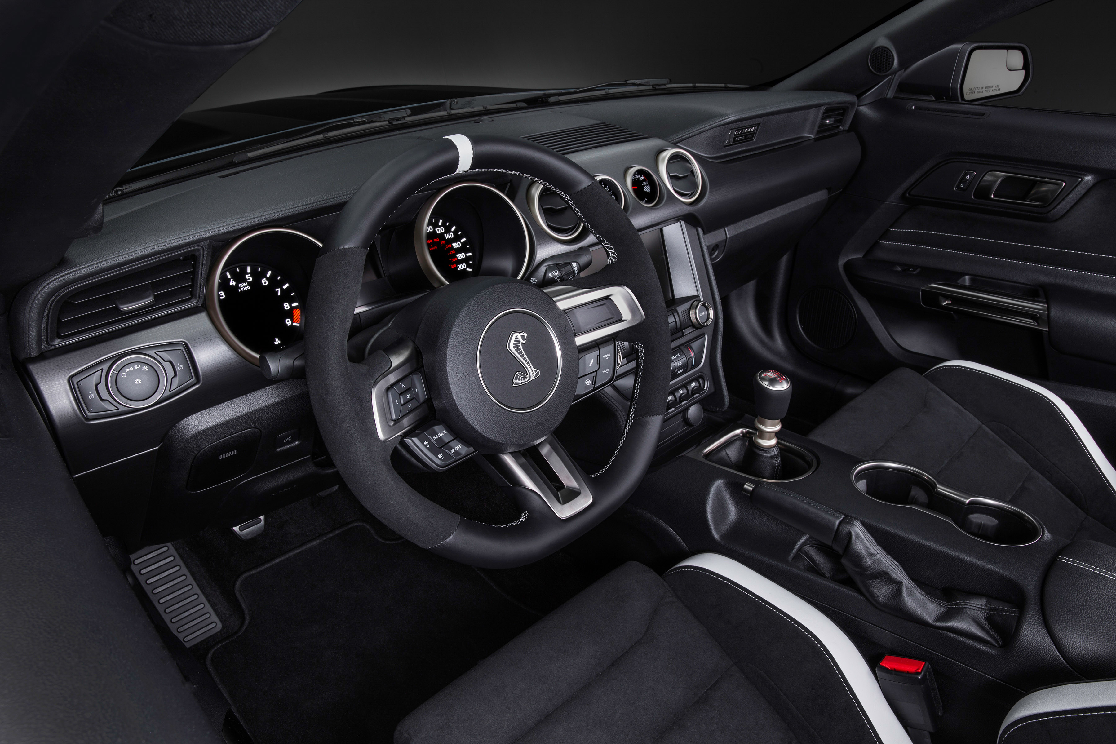 GT350 cockpit with Recaro seats and flat-bottom steering wheel