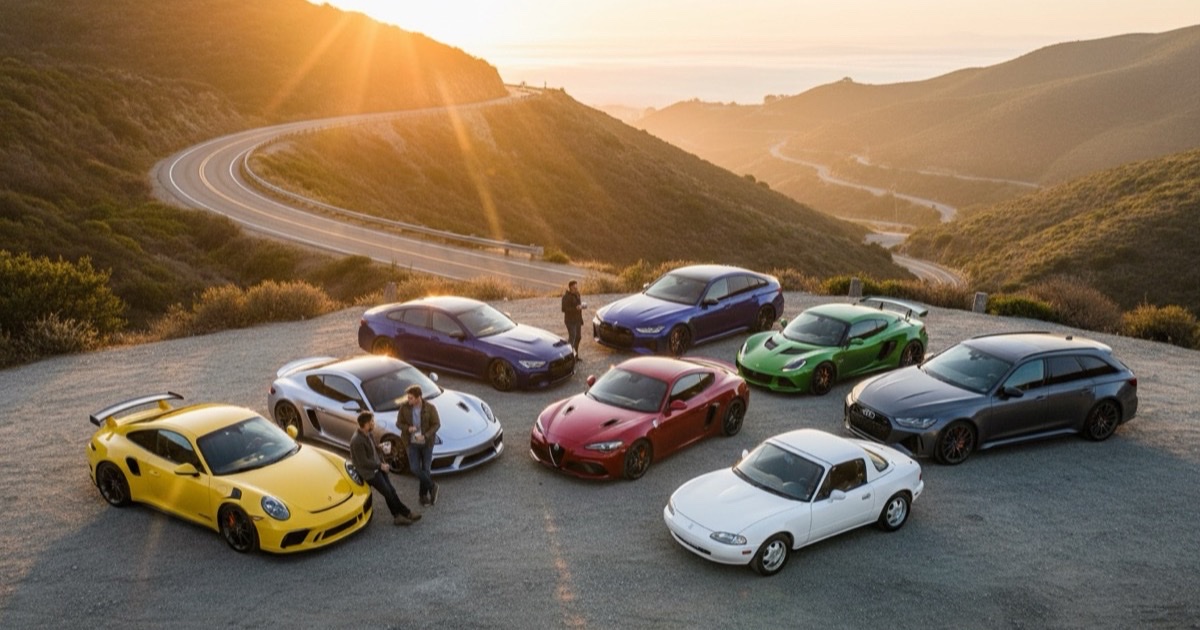 A loose pack of sports cars staged at a pull-out at sunrise, drivers leaning on fenders with coffee, a canyon road snaking down into the valley behind them