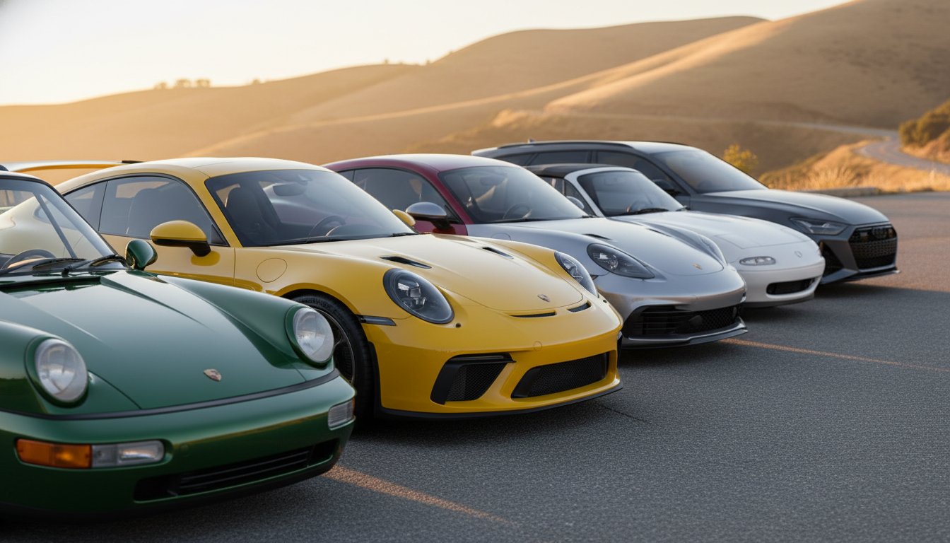 A tight lineup of six varied enthusiast cars parked side by side at a mountain pull-out at sunrise: a vintage 911, a yellow GT3, a red Giulia Quadrifoglio, a silver Cayman, a white 1990s Miata, and a matte grey RS wagon