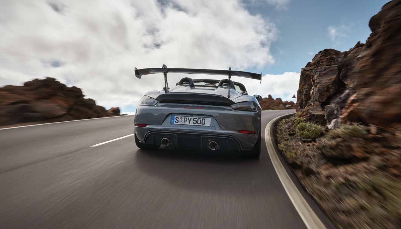 AI-generated rendering of a Porsche 718 Spyder RS wearing the GT4 RS's swan-neck wing